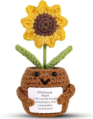 Mini Funny Positive Potato, 3 inch Knitted Doll with Positive Card for Cheer Up Gifts and Party Decorations, Cute Positive Potato Crochet Doll for Birthday Gifts (Positive Sunflower Plant)