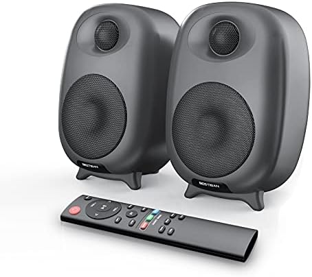BESTISAN Bookshelf Speakers, 60 Watt Powered Studio Monitor Speaker with Bluetooth 5.0 and Wired Optical Line in Input Port, Bass and Treble Adjustable, Deep Bass, 3 Audio Mode Design (Gray)