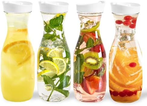 DilaBee Plastic Water Pitcher With Lid Round Carafe Pitchers for drinks, Milk, Smoothie, Iced Tea, Mimosa Bar - BPA-Free - Not Dishwasher Safe (4-Pack, 32 Ounce)