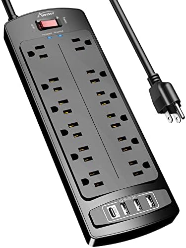 Power Strip, ALESTOR Surge Protector with 12 Outlets and 4 USB Ports, 6 Feet Extension Cord (1875W/15A), 2700 Joules, ETL Listed, Black
