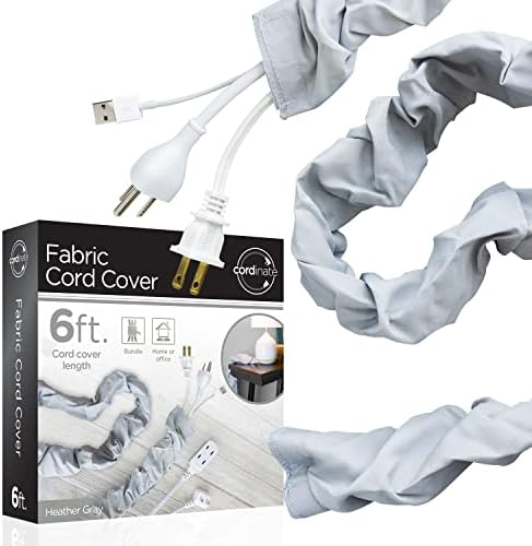 Cordinate Fabric Cord Cover, 6 Ft, Cable Management and Hider, Easy Installation, Great for Lamps, Light Fixtures, and Desks, Heather Gray, 40731