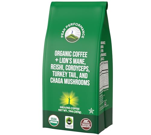 Organic Low Acid Mushroom Coffee with Lion's Mane, Reishi, Cordyceps, Turkey Tail, and Chaga Mushrooms. Premium High Altitude Medium Roast Ground Bags. Great Tasting (Unlike Cheap Instant Coffee)