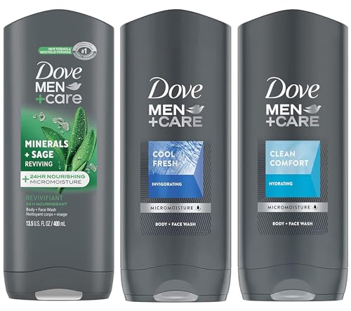 Dove Men + Care Body Wash Variety Value Pack of 3 Flavors - Clean Comfort, Cool Fresh, and Minerals + Sage - 13.5 Oz (400ml) Each - International Version