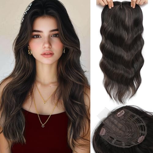 Hair Topper, 360° 3D Hair Toppers for Women with Thinning Hair, 20 Inch Long Curly Toppers Hair Pieces with Side Bangs (Dark Brown with Highlights, Side Bangs)