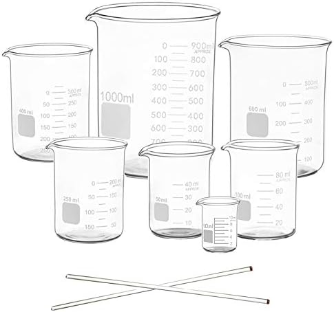 Graduated Glass Measuring Low Form Beaker Set (10ml 50ml 100ml 250ml 400ml 600 ml 1000ml)