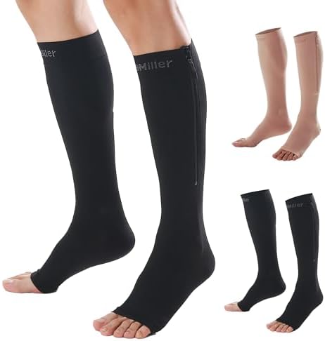 Doc Miller Compression Socks with Zipper – Open Toe, Knee High 15-20 mmHg Support Stockings for Women and Men, Easy to Wear, Travel, Maternity, Daily Use – 1 Pair