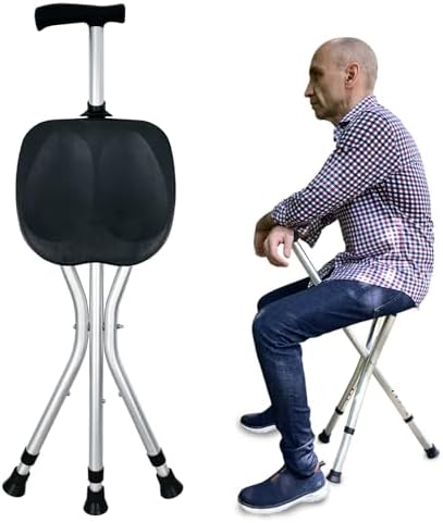Portable Adjustable Folding Walking Cane with Seat Allows Durability While Walking and Convenience for Sitting, Alloy Crutch Chair, Anti-Slip Lightweight Walking Stick for Seniors
