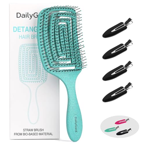 Detangling Brush, Dry and Wet Vented Detangler Hair Brush for Women and Men, Professional Paddle Curved Styling Hairbrush with 4 Randomly Coloured Hair Clips(Black, Pink or Green), Green