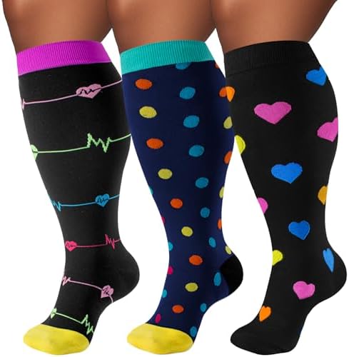 Plus Size Compression Socks for Women & Men 3 Pairs, Wide Calf Extra Large 20-30 mmHg Knee High Support Socks for Travel, Running, Nurse