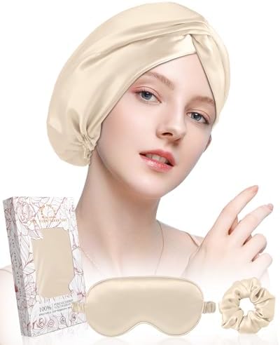 100% Mulberry Silk Bonnet for Women Sleeping Set 19 Momme Natural Silk Sleep Cap for Hair Care with Eye Mask & Scrunchie Night Cap with Elastic Stay On Head, Gold