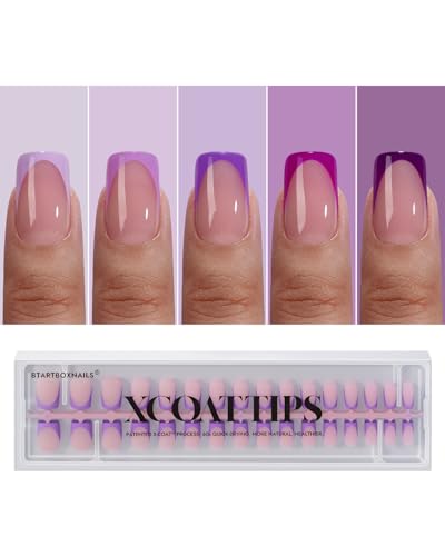 BTArtboxnails XCOATTIPS Purple French Tip Press On Nails - Short Press On Nails Square, Soft Gel Nail Tips, 160Pcs Soak Off Acrylic Pink Fake Nail Extension in 16 Sizes