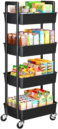 Pipishell 4 Tier Rolling Cart Organizer, Plastic Rolling Cart with Lockable Wheels & Reinforced Handle, Lightweight Utility Cart Storage Cart for Nursery, Kitchen, Bathroom, Craft Room, Black, PIUC15B
