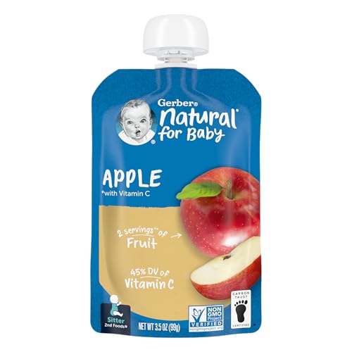 Gerber Stage 2 Baby Food, Apple Puree Pouch, 2 Servings of Fruit, No Added Sweetener, No Artificial Colors or Flavors, 12-Pack