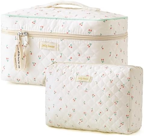 HBselect 2Pcs Cotton Quilted Makeup Bag Coquette Makeup Bag Large Travel Cosmetic Bag Aesthetic Cute Kawaii Cherry Makeup Bag Toiletry Bags for Women Girls