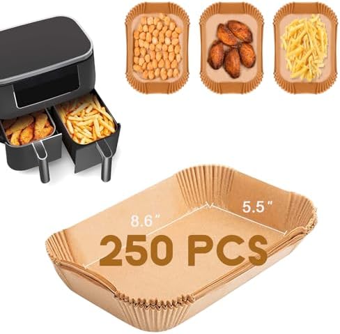 Disposable Paper Liner Rectangular 250 Pcs for Ninja Dual Air Fryer and More, Non-stick Rectangle Parchment Paper Basket Liners