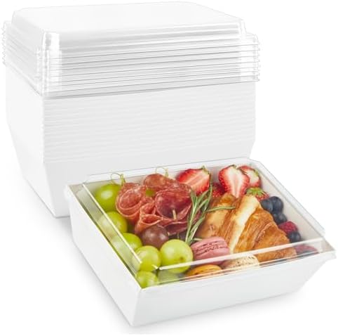 8 x 6 Inch Paper Charcuterie Boxes with Clear Lids, 20 Pack Large Disposable Take Out Bakery Boxes, To Go Containers for Cake Slice, Cupcakes, Sandwiches, Cookies, Cocoa Bombs, Salads (White)