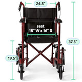 Medline Lightweight Foldable Transport Wheelchair with Handbrakes and 12-Inch Wheels, Red Frame, Black Upholstery