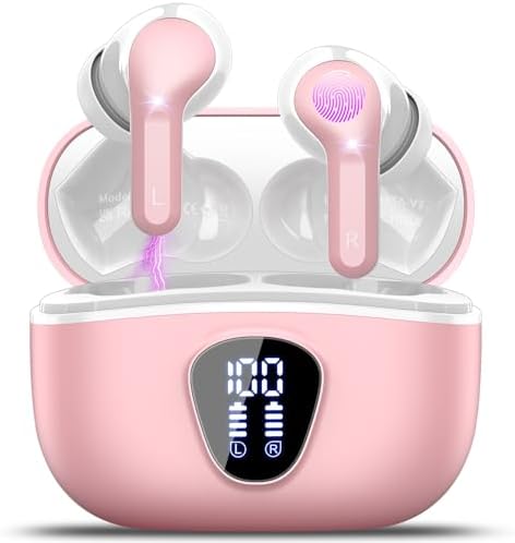 Wireless Earbuds Bluetooth 5.3 Headphones, 40H Playback HiFi Stereo Ear Buds with LED Display, ENC Noise Cancelling Earbuds, IP7 Waterproof in-Ear Earphone for iOS Andriod Sport/Workout/Running/Pink