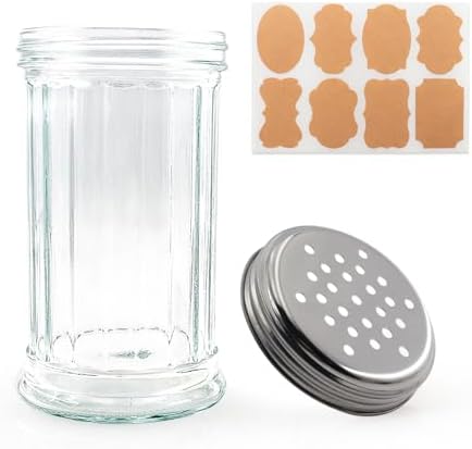 12 oz Retro Style Glass Sugar Shakers Dispenser, Glass Jar, Sugar Shaker, Stainless Steel Pour-Flap Lid, For Sugar/Cinnamon/Bee Pollen/pepper and other spices (Perforated Lid-1pc)