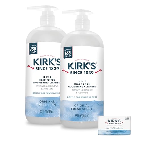 Kirk's 3-in-1 Head to Toe Nourishing Liquid Cleanser & Travel Size Bar Soap - for Men, Women & Children - Premium Coconut Oil and Aloe Vera- Non GMO & Vegan -Original Fresh Scent - 32 Fl Oz. 2 pack
