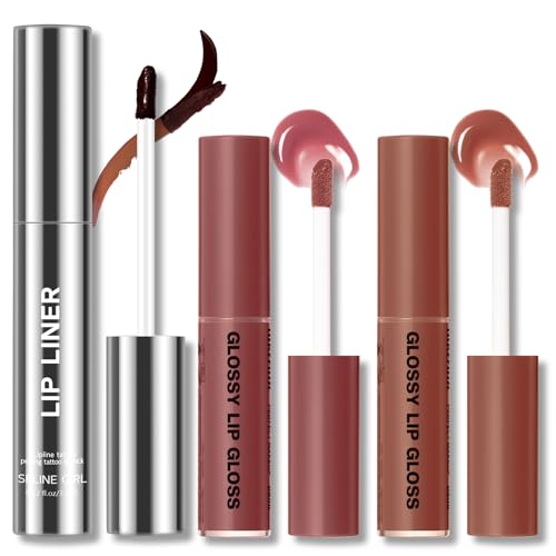 2 Colors Nourishing Lip Gloss with Peel Off Lip Liner Stain Combo for Women, Waterproof Long Wear Tattoo Lip Stain, Non Sticky High Glossy Lip Tint Brown Lip liner Set Lip Glow Oil Makeup
