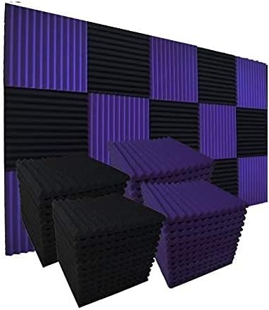 52 Pack 1" x 12" x 12" Black/purple Acoustic Wedge Studio Foam Sound Absorption Wall Panels (black/purple)