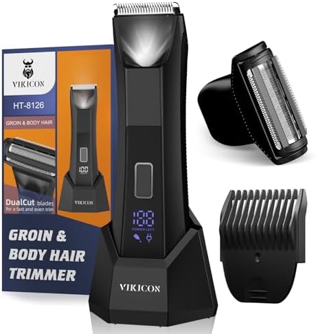 VIKICON 2-in-1 Manscape Body Trimmer&Shavers for Men, Ball Shaver w/Dual-Head Trimmer&Foil Blades, Waterproof Groomer w/Light for Pubic, Groin, Back, Electric Razor w/Travel Lock, Pouch, USB-C Cable