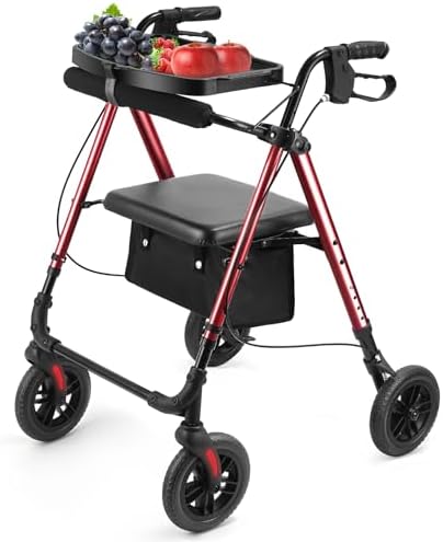 Amblisss Walkers for Seniors with Seat, Foldable Rollator Walker, 300 lbs Weight Capacity, 8" Wheels Dual Height Ajustable, Rolling Walker with Tray for All-Terrain (Red)