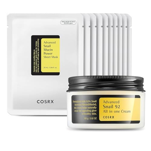 COSRX Glazed Donut Look- Snail Mucin 92% Daily Repair Moisturizer with Snail Mucin Sheet Mask (Pack of 10), Hydrating Serum for Face with Snail Secretion Filtrate for Dark Spots and Fine Lines