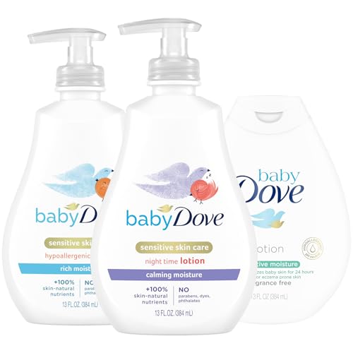 Dove Baby Lotion Sensitive Skin Care Bundle – Ultra-Gentle Face & Body Lotions for Newborns & Infants, 2 Hypoallergenic Scents, 1 Fragrance-Free, 13 Oz Ea