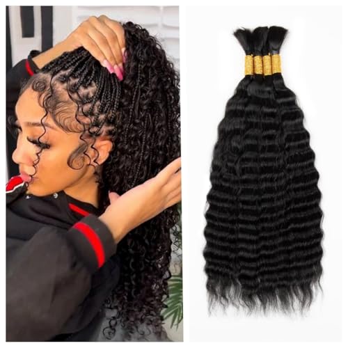 Super Wave Human Braiding Hair Wet and Wavy Human Hair Super French Bulk Human Hair No Weft 100g (1Pack-4PCS) For Boho Braids (Natural Black, 18 Inch)