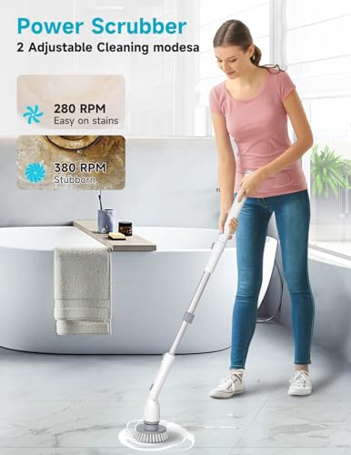 Welzona Electric Spin Scrubber,2024 New Cordless Cleaning Brush,4 Replaceable Brush Heads, Adjustable Extension Handle Electric Cleaning Brush Power Cleaning Brush for Bathroom Floor Tile,Storage Bag