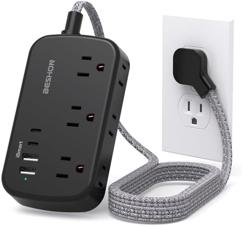 Black Extension Cord, 5FT Flat Plug Power Strip with USB C, 6 Outlets 4 USB Port(2 USB C), No Surge Protector, Cruise Ship, Dorm Room Travel Essentials