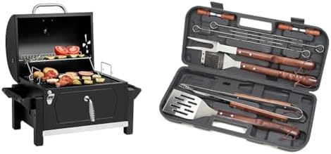 Royal Gourmet CD1519 Portable Charcoal Grill with Two Side Handles, Compact Outdoor & Cuisinart CGS-W13 Wooden Handle Tool Set, Black (13-Piece)