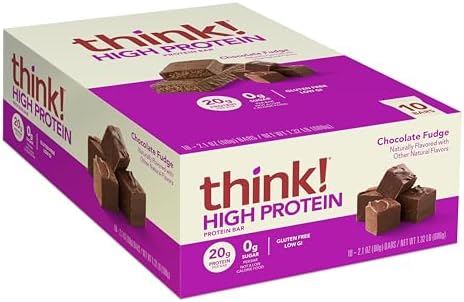 think! Protein Bars, High Protein Snacks, Gluten Free, Kosher Friendly, Chocolate Fudge, Nutrition Bars, 2.1 Oz per Bar, 10 Count (Packaging May Vary)