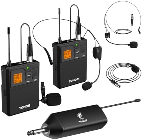 TONOR UHF Wireless Microphone System with Dual Headset Microphones/Lavalier Lapel Mics, Bodypack Transmitters, Mini Rechargeable Receiver, 2x15 Channels 200ft Range, for Recording Speech PA Speaker