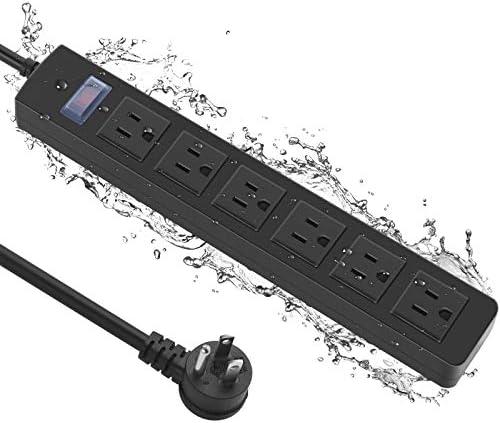 Outdoor Power Strip Waterproof with 6 Outlets, Garden Weatherproof Surge Protector, Christmas Multiple Outlet Exterior Socket for Lighting Appliances. 6FT Extension Cord Strip with Flat Plug. Black