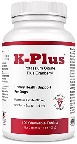 K-Plus Potassium Citrate Plus Cranberry Supplement for Dogs - UTI Remedy Chewable Tablets - Supports Bladder Health - For Every Dog Breed (100 Tabs)