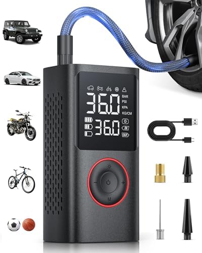 Tire Inflator Portable Air Compressor, 150 PSI Cordless Mini Bike Tire Pump, Air Pump for Auto, Motorcycle, Bicycle, Balls with Pressure Gauge&LED Light, Black, Medium