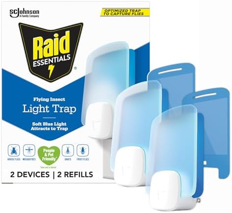 Raid Essentials Flying Insect Light Trap Starter Kit, 2 Plug-In Devices + 2 Cartridges, Featuring Light Powered Attraction