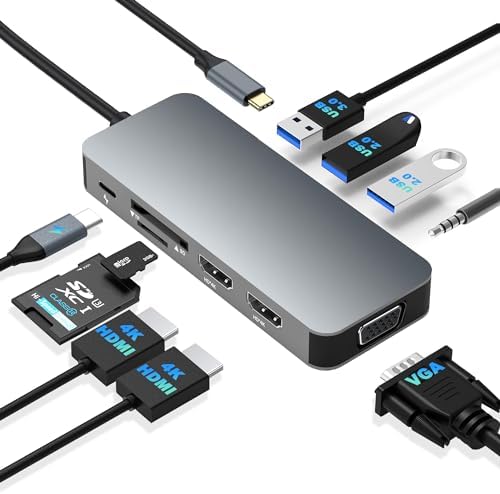 Docking Station Dual Monitor, USB C to Dual HDMI Adapter, Computer Docking Station for Laptop, Dual Monitor Adapter, USB C Hub 10 in 1 Docking Station 3 Monitors with HDMI/VGA/PD/USB/SD/TF/3.5mm Audio