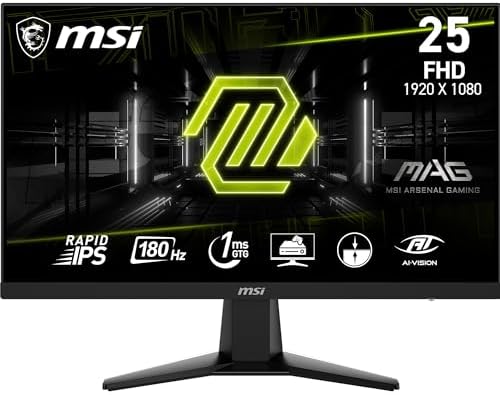 MSI G256F 25-inch 1920 x 1080 (FHD) Computer Monitor, 180Hz, Adaptive-Synch, HDMI, DisplayPort, VESA Mountable, Tilt, Height Adjustable, Speaker, 1ms, Black
