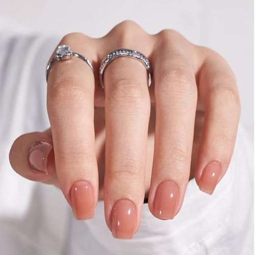 BTArtbox Press On Nails Short - Glue on Nails Square, Soft Gel Light Weight Fake Nails with Glue, Reusable Semi-Transparent Stick On Nails in 15 Sizes, Hot Cocoa