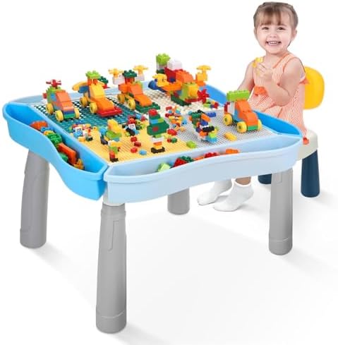Kids Activity Table and Chair Set with 320Pcs Building Blocks, All in One Sand/Water/Sensory Desk with Storage, STEM Toys Toddler Learning Playset Table for Boys Girls Gifts 3 4 5-10 Years Old