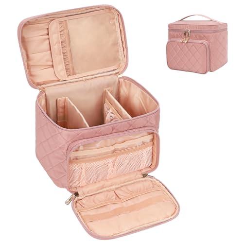Large Makeup Bag, Portable Travel Makeup Bag for Women Girls with Makeup Brush Compartment, Stylish Makeup Bag Organizer Cosmetic Case With Handle and Divider - Nude Pink