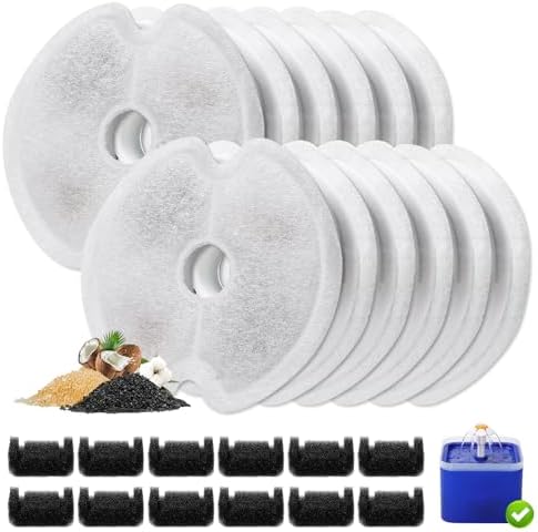 12 Packs Cat Water Fountain Filters for Ultra Silent Cat Fountain 67oz/2L with LED Night Light, Triple Filtration System Activated Carbon Filter with Pre-Filter Sponges for Pet Water Fountain