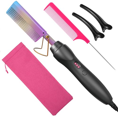 Hot Comb Hair Straightener Heat Pressing Combs - Ceramic Electric Hair Straightening Comb, Curling Iron for Natural Black Hair Beard Wigs Women Gift 5 In 1 - Rainbow