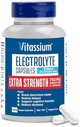 Vitassium Extra Strength Electrolyte Capsules, 750mg of Sodium for The Management of POTS and High Sodium Diets, Unflavored, 100 Salt Pills (Size 00)