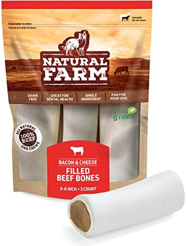 Natural Farm Filled Dog Bones, Bacon & Cheese Flavor (5-6 Inch, 3 Pack), Limited Ingredient Stuffed Dental Dog Bone Treats for Large Dogs