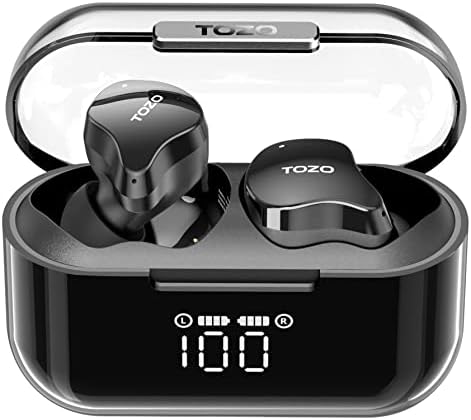 TOZO T18 Bluetooth 5.3 True Wireless Stereo Earbuds IPX8 Waterproof in Ear Headset Call Noise Reduction Headphones with LED Display Transparent Case 32 EQs via APP Long Playtime Black